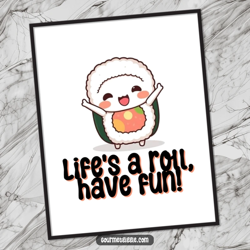 Funny Free Printable Wall Art of a cheerful sushi roll bowing gracefully, adding quirky charm to any room.