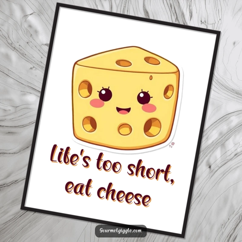 Funny Free Printable Wall Art of a happy piece of cheese with holes grinning widely, adding quirky charm to any room.
