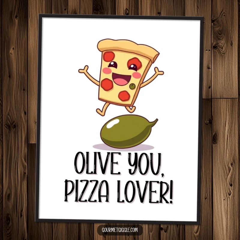 Funny Free Printable Wall Art: A grinning pizza slice with legs happily leaping over a giant olive, creating playful decor.
