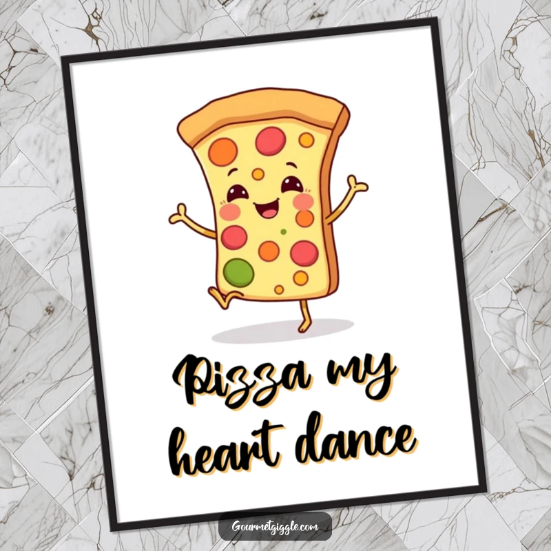 Funny Free Printable Wall Art: Smiling pizza slice with tiny legs dancing joyfully, whimsical downloadable art.