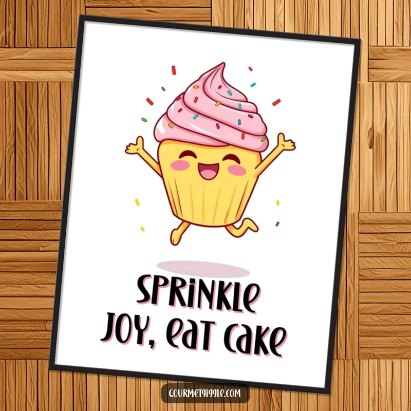 Funny free printable wall art of a cheerful cupcake doing a joyful leap with sprinkles flying, radiating pure happiness.