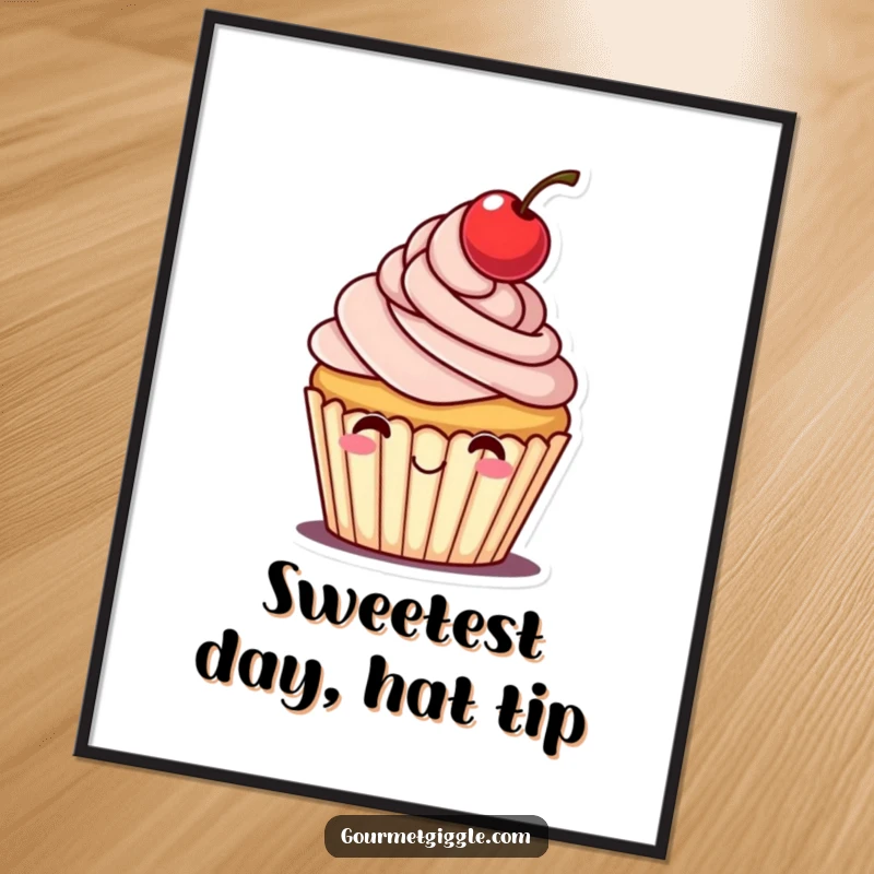 Funny Free Printable Wall Art: Cheerful cupcake with frosting swirls and cherry tipping its hat, whimsical downloadable art.