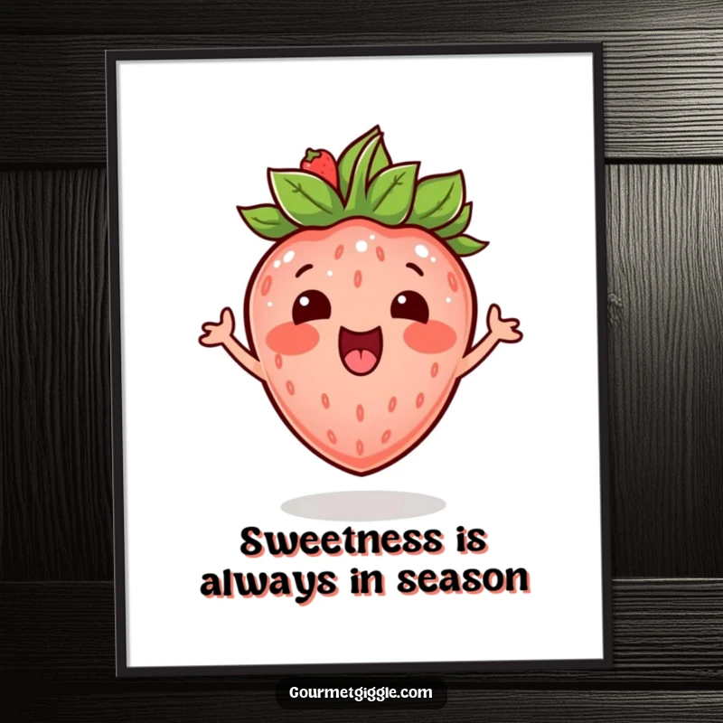 Free Printable Wall Art: An energetic strawberry with a green leafy crown, bouncing with mirth, adding a splash of fruity fun.