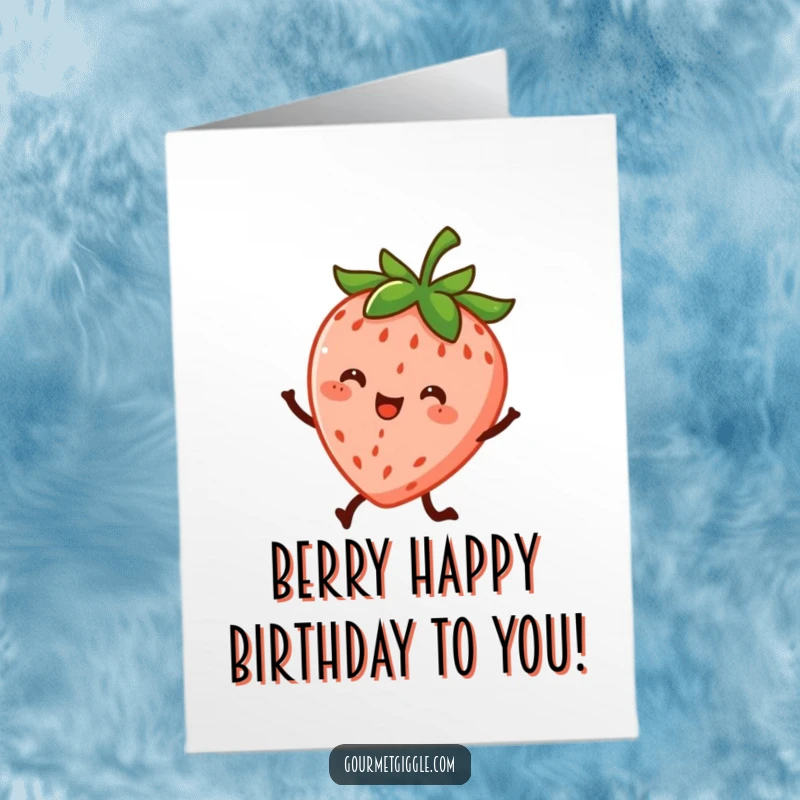 Funny Free Printable Birthday Card: A cheerful strawberry with tiny legs dancing energetically, celebrating a birthday, downloadable.