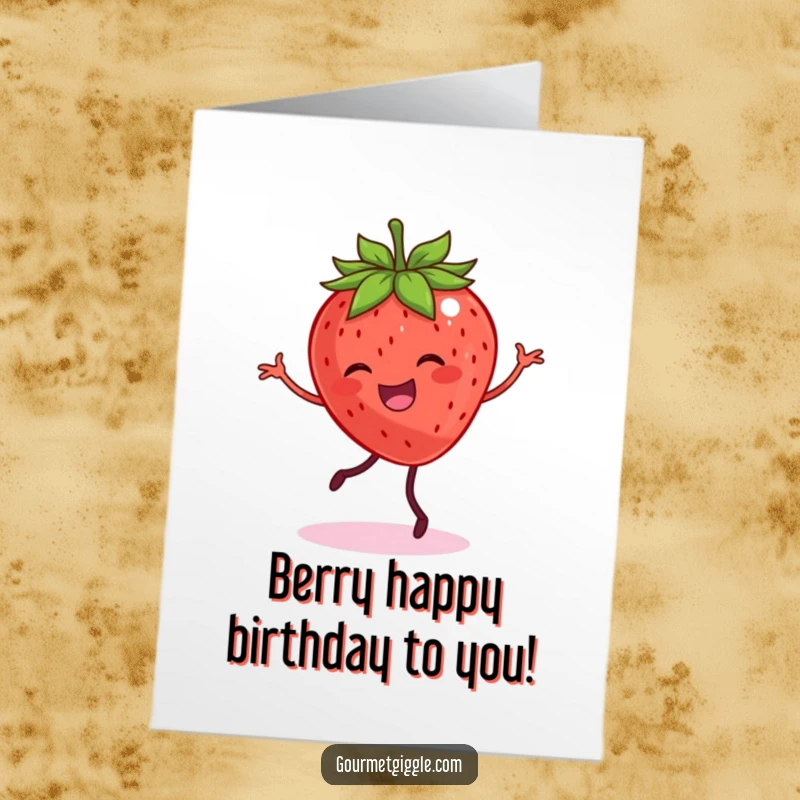 Funny free printable birthday card: A smiling strawberry with legs performs a joyful, energetic dance.