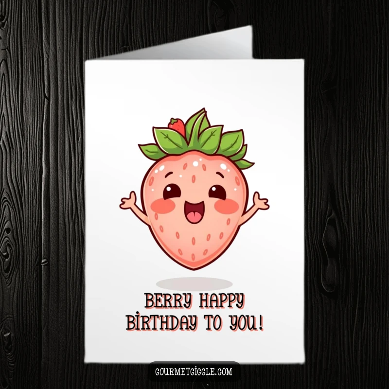 Free Printable Birthday Card: A cheerful strawberry with a leafy crown, joyfully bouncing with excitement and wishing a happy birthday.
