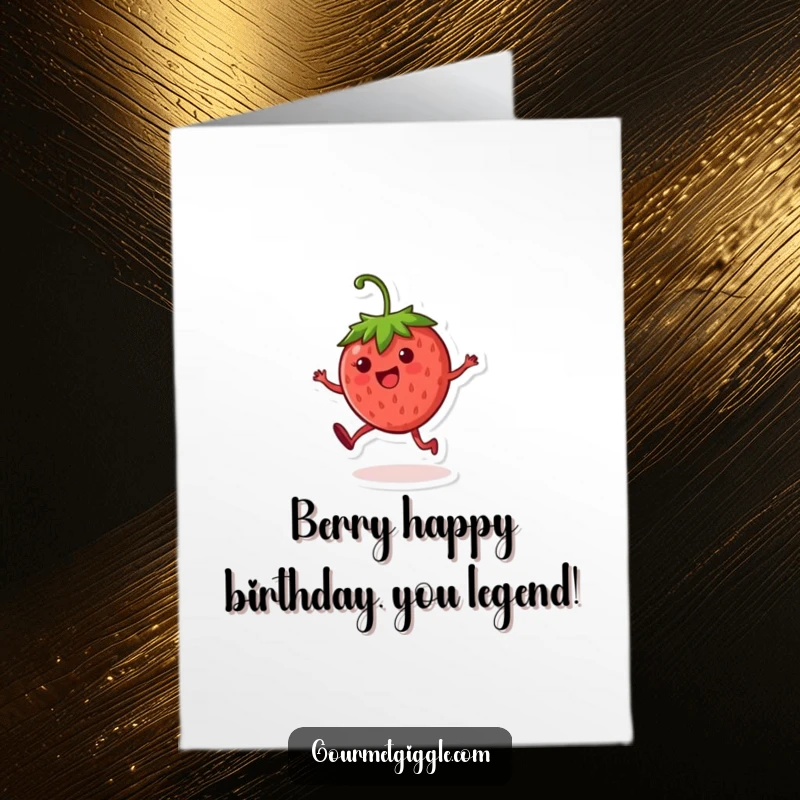 Funny Free Printable Birthday Card: A joyful strawberry character doing a cartwheel with pure delight.
