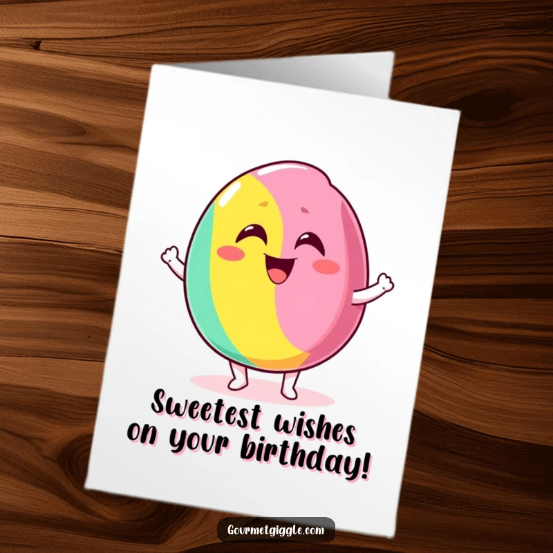 Funny Free Printable Birthday Card: Delighted candy with a silly grin bouncing excitedly, spreading birthday cheer.