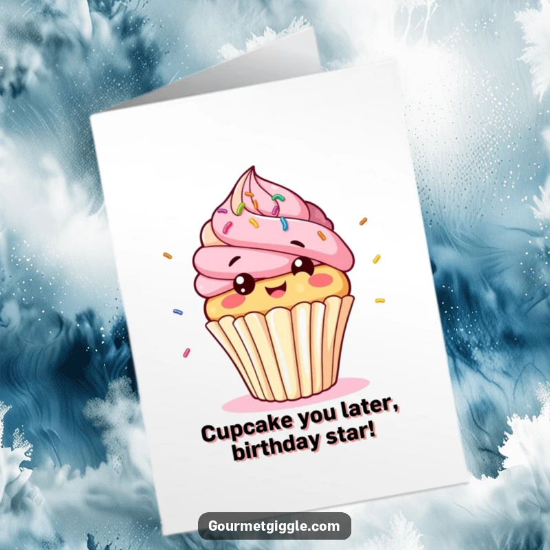 Funny Free Printable Birthday Card: A giggling cupcake character bobbing with bouncing sprinkles.