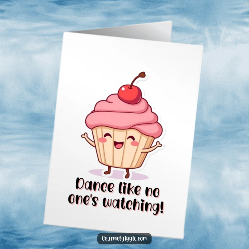 Funny Free Printable birthday card: A joyful cupcake with a cherry on top dancing merrily for a happy celebration.