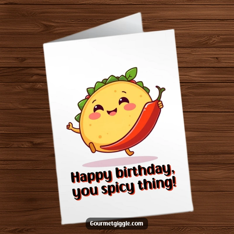 Funny Free Printable Birthday Card: A smiling taco with tiny legs kicking a dancing chili pepper, celebrating wildly!