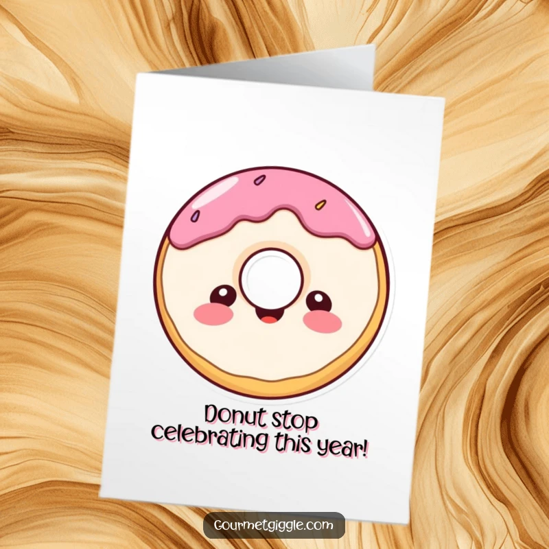 Funny Free Printable Birthday Card: A cheerful, round donut character with a delighted expression.