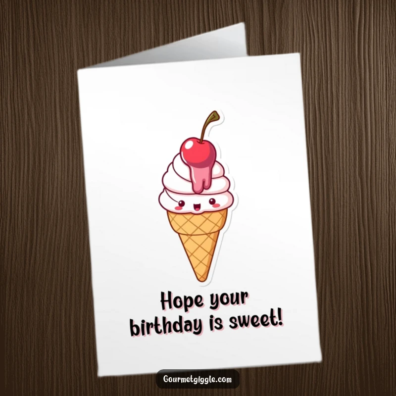 Funny free printable birthday card: a delighted, slightly melting ice cream cone with a cherry on top, celebrating joyfully.