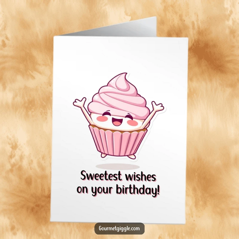 Funny Free Printable Birthday Card: A smiling cupcake character jumping for joy, exuding pure birthday excitement and sweetness.
