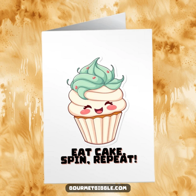 Funny Free Printable Birthday Card: A joyful cupcake with frosting hair spinning ecstatically, celebrating a special day.