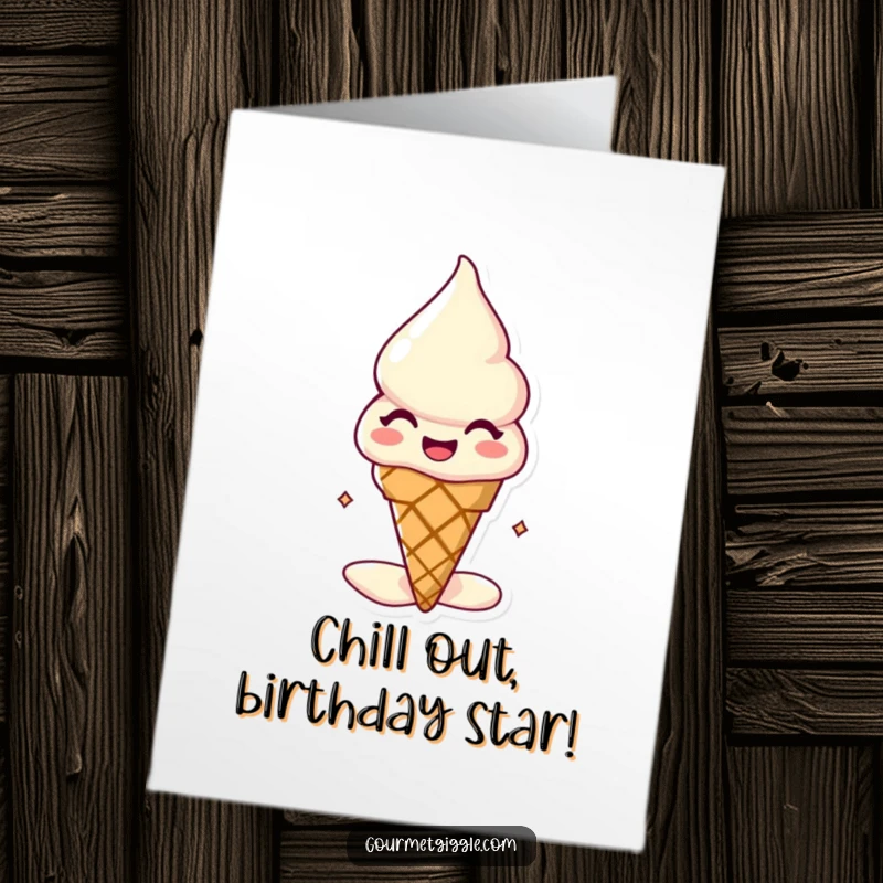 Funny Free Printable Birthday Card: A melting ice cream cone with a happy expression, celebrating a birthday with pure delight.