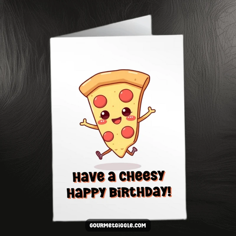 Funny Free Printable Birthday Card: A happy pizza slice with legs skips joyfully, celebrating.