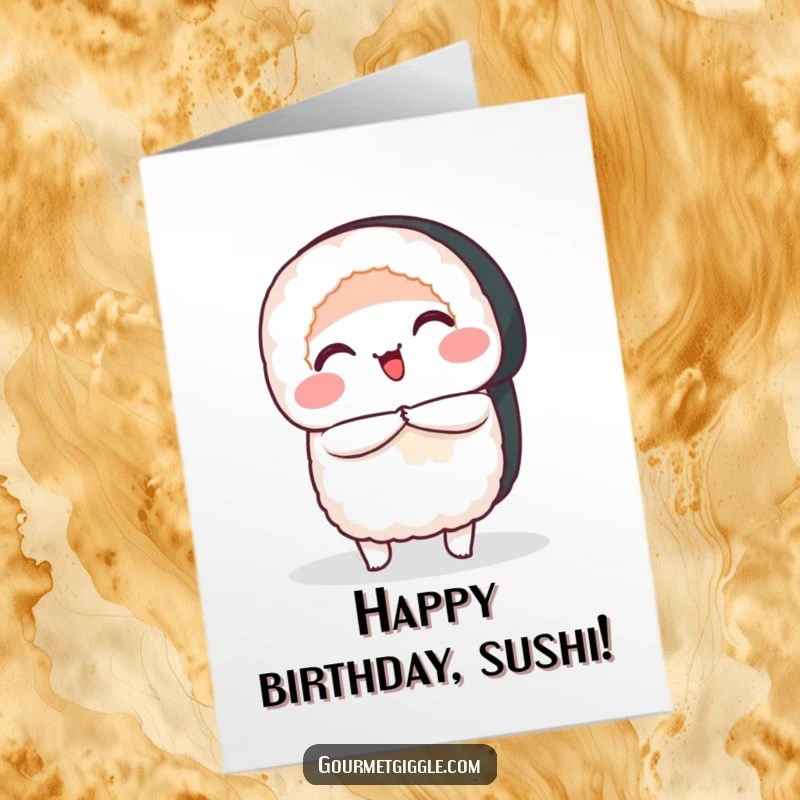 Funny free printable birthday card: a smiling sushi roll performing a graceful, polite bow to wish you a happy birthday.