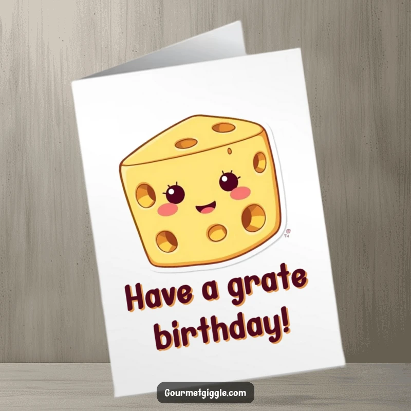 Funny Free Printable Birthday Card featuring a happy, hole-filled cheese grinning widely, perfect for cheese lovers.