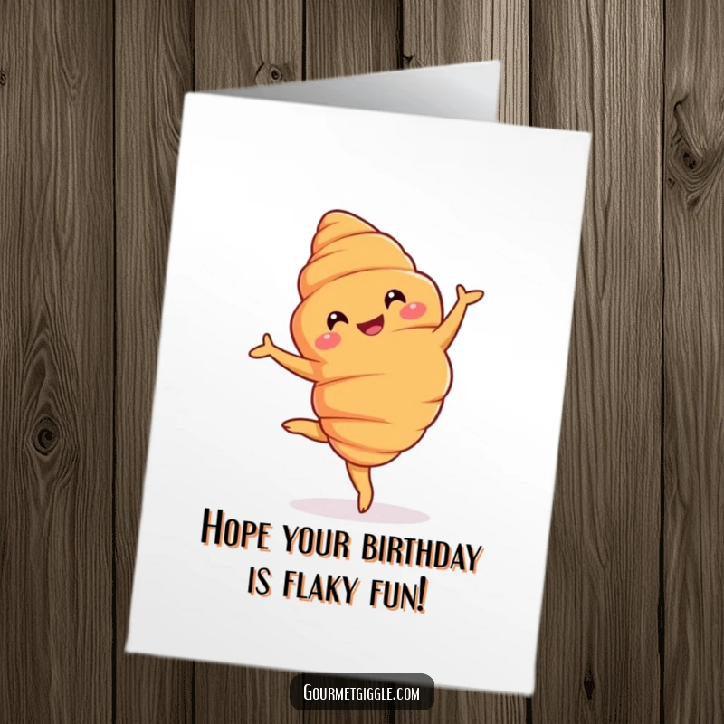 Funny Free Printable Croissant Birthday Card: A grinning croissant gracefully performing a pirouette to celebrate a special birthday.