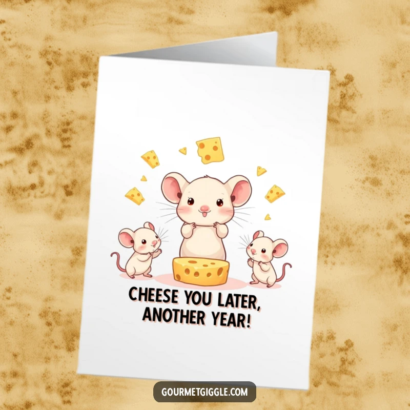 Funny Free Printable Birthday Card: A beaming cheese character joyfully juggles three tiny mice, ready for a festive greeting.