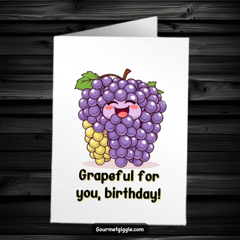 Funny Free Printable Birthday Card featuring a wiggling, bouncing bunch of laughing grapes celebrating with joy.