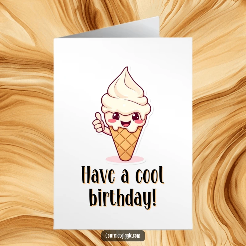 Funny Free Printable Birthday Card of a melting ice cream cone with a cheerful expression giving a thumbs up.