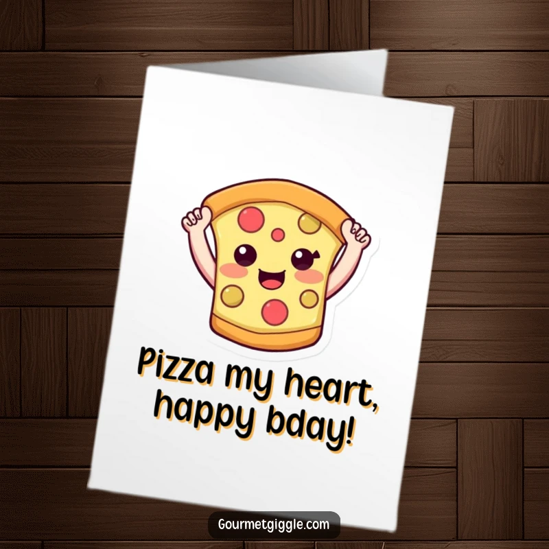 Funny Free Printable Birthday Card: A smiling slice of pizza with tiny arms raised high in joyful birthday celebration.