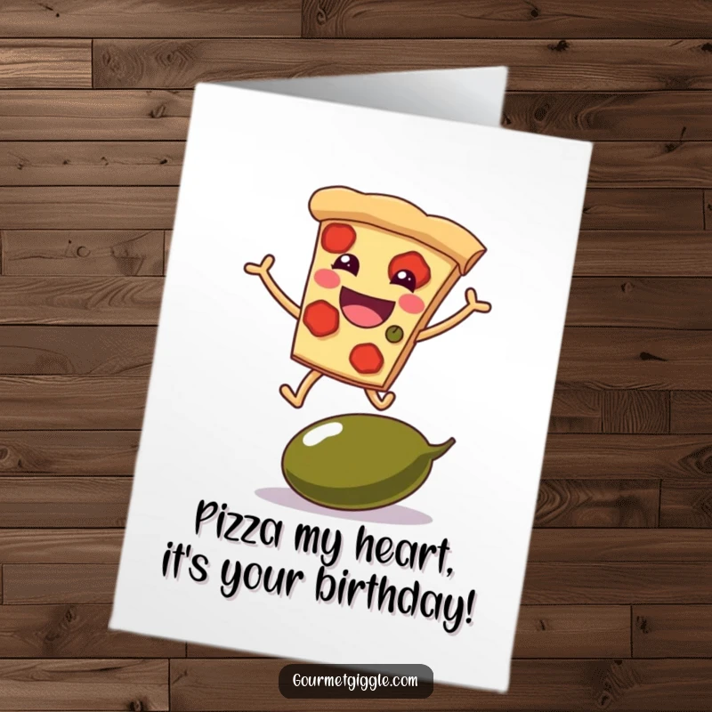 Funny Free Printable Birthday Card: Grinning pizza slice with legs joyfully leaping over a giant olive, celebrating.