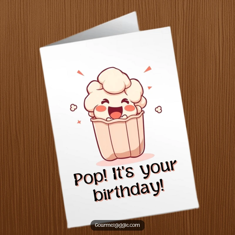 Funny Free Printable Birthday Card featuring an excited popcorn kernel joyfully popping out of a bag, perfect for movie lovers.