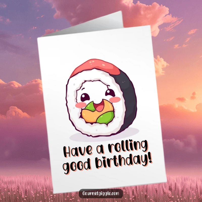 Funny Free Printable Sushi Birthday Card: A happy sushi roll joyfully rolling with glee to celebrate a fantastic birthday.