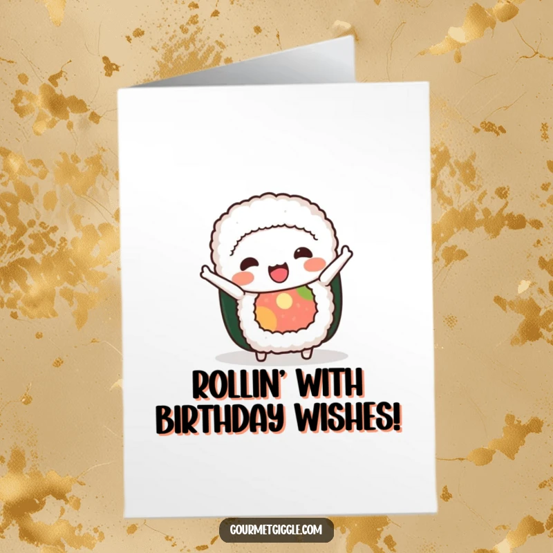 Funny Free Printable Birthday Card featuring a cheerful sushi roll doing a silly, graceful bow, perfect for foodies.