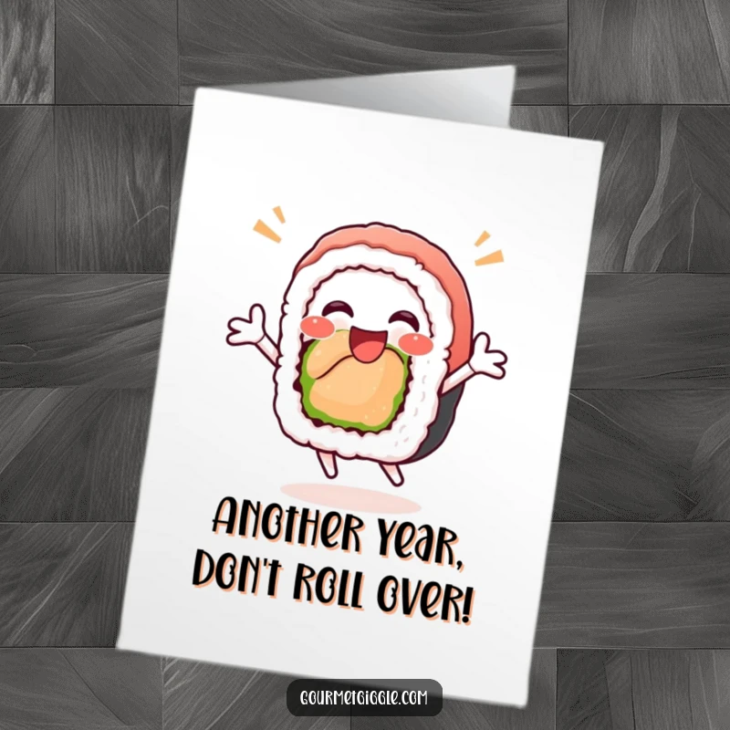 Funny Free Printable Happy Birthday card featuring a delighted sushi roll doing a joyful celebratory jump.