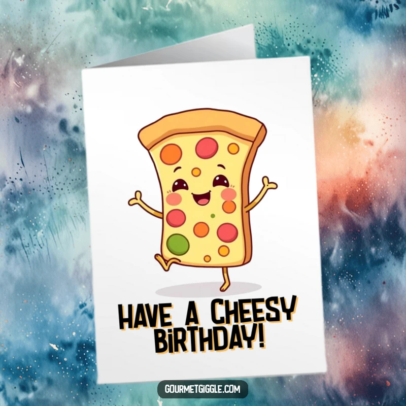Funny Free Printable Birthday Card: Smiling pizza slice with legs doing a happy dance, a delightful downloadable gift.