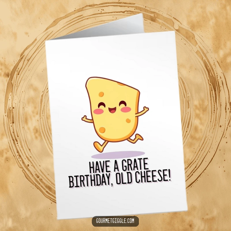 Funny Free Printable Birthday Card: A happy cheese slice character doing a wobbly, joyful trot.