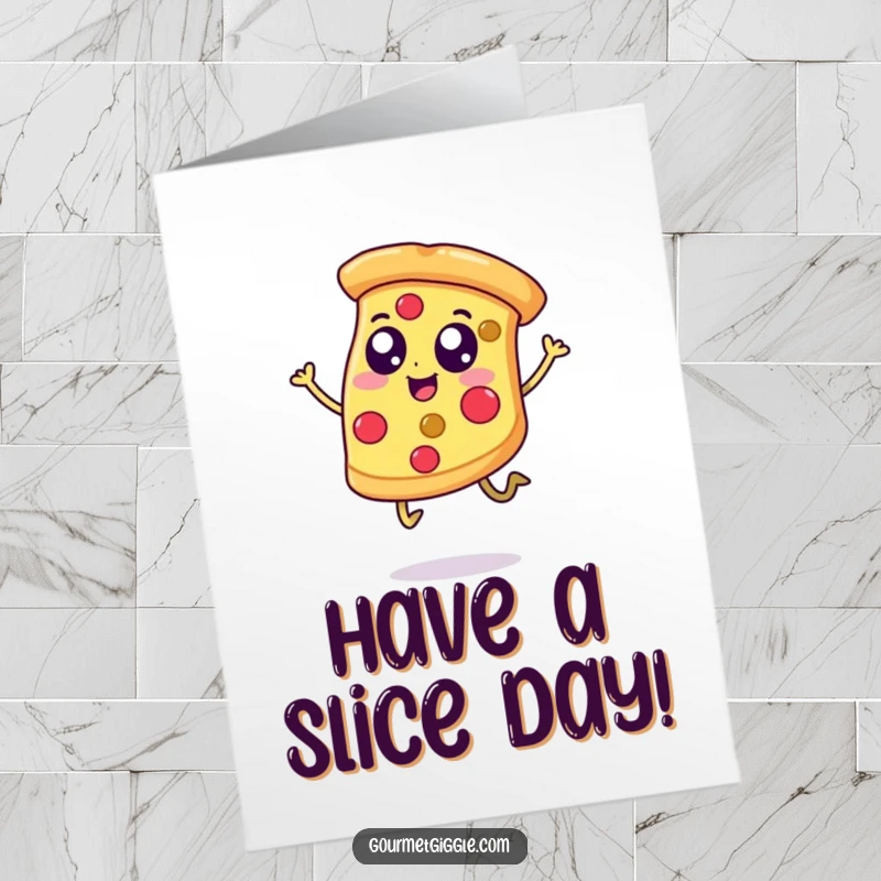 Funny Free Printable Birthday Card: A happy pizza slice with eyes and legs jumps joyfully, celebrating a birthday.