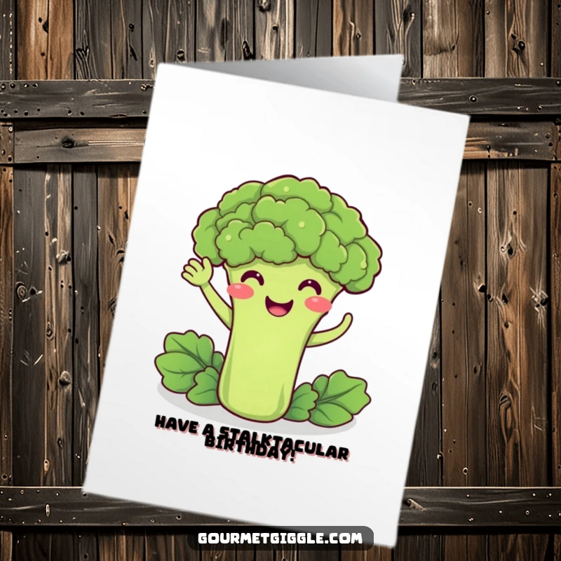 Funny Free Printable Birthday Card: A delighted broccoli smiles and waves, sending cheerful birthday wishes.