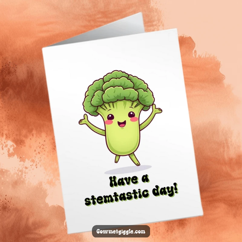 Funny Free Printable Birthday Card: A dancing broccoli floret with green arms sways merrily, celebrating a birthday.