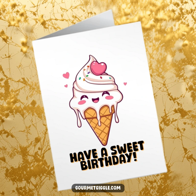 Funny Free Printable Birthday Card: A delighted ice cream cone, melting slightly, expresses pure glee and joy, perfect for a happy birthday message.