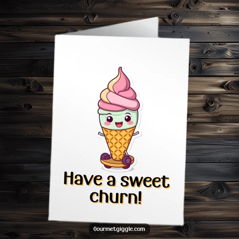 Funny Free Printable Birthday Card: A cheerful ice cream cone scoots along magically on its waffle base.
