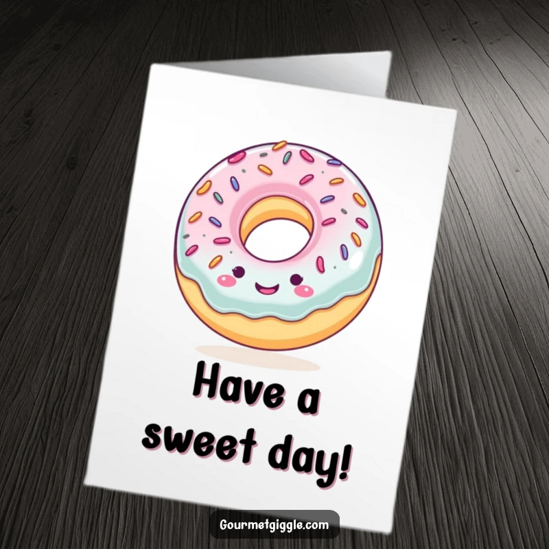 Funny Free Printable Birthday Card: A smiling donut with sprinkles bounces joyfully, celebrating a birthday.