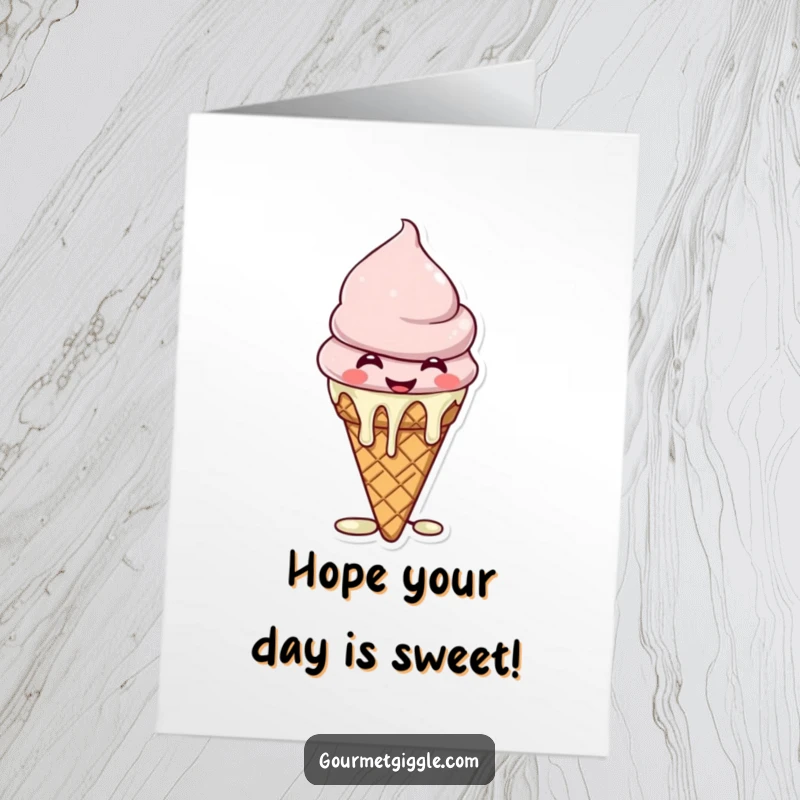 Funny Free Printable Birthday Card: A happy, giggling ice cream cone with melting drips, joyful downloadable gift.
