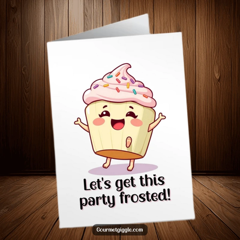 Funny Free Printable Birthday Card: Giggling cupcake with sprinkles and tiny feet doing a happy cartwheel, celebrating.