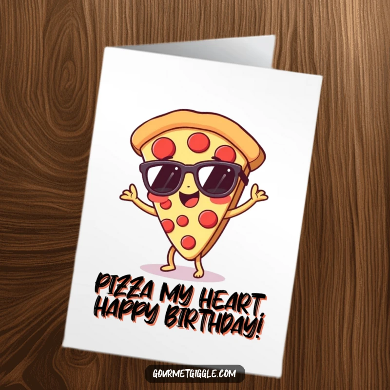Funny Free Printable Birthday Card: A giggling pizza slice in sunglasses dancing, celebrating with cheesy delight.