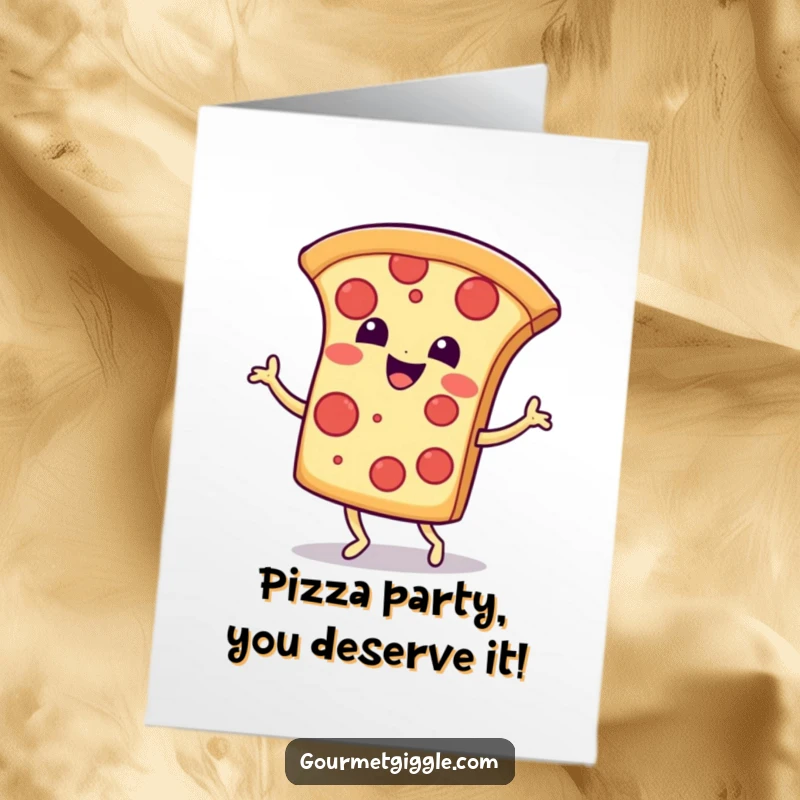 Funny Free Printable Pizza Birthday Card: A smiling pizza slice joyfully doing a happy jig, ready to celebrate your special day.