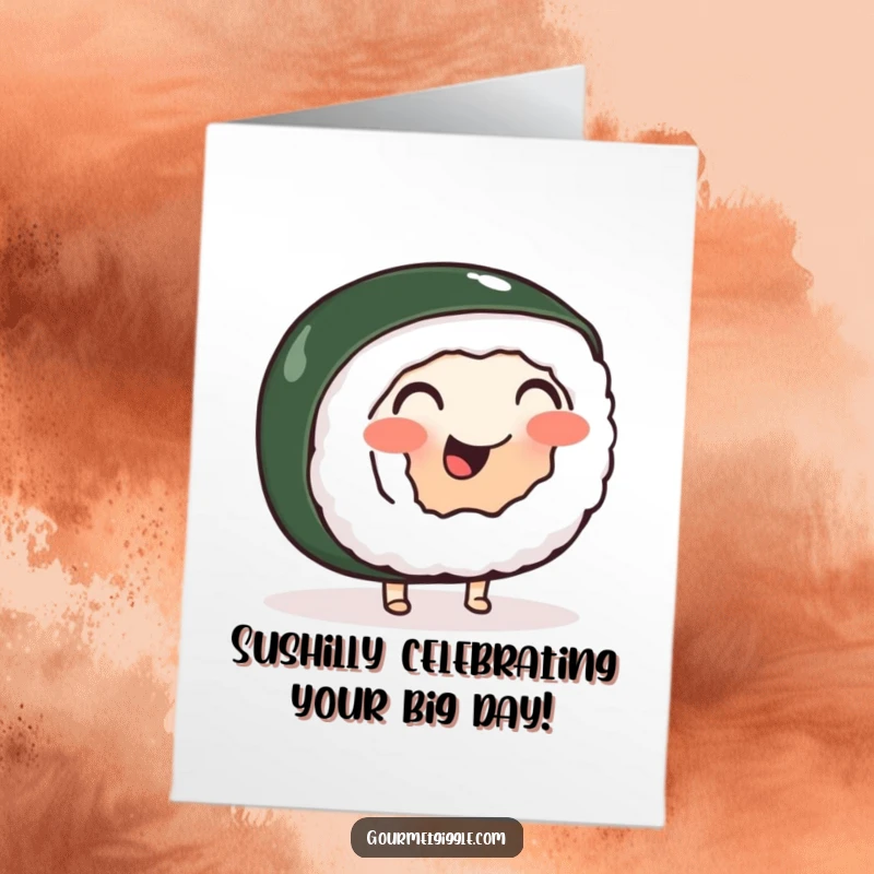 Funny Free Printable Birthday Card: Wobbly sushi roll with little feet doing a happy jig, spreading birthday cheer.