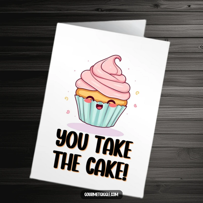 Funny Free Printable congratulations card of a giggling cupcake with frosting escaping as it spins with excitement.
