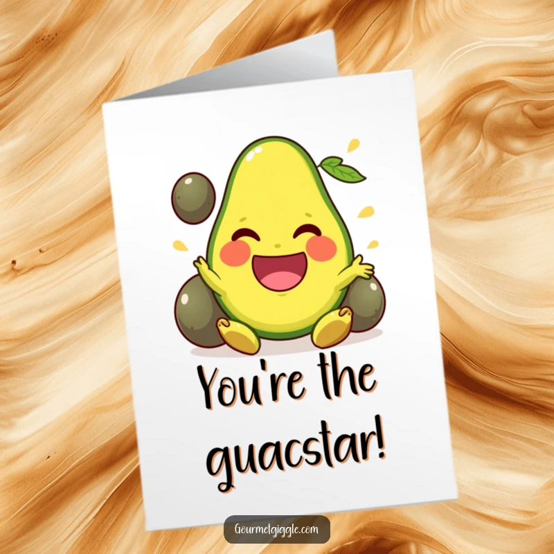 Funny free printable congratulations card: a beaming avocado masterfully juggling pits, celebrating your awesome accomplishment with a big smile.