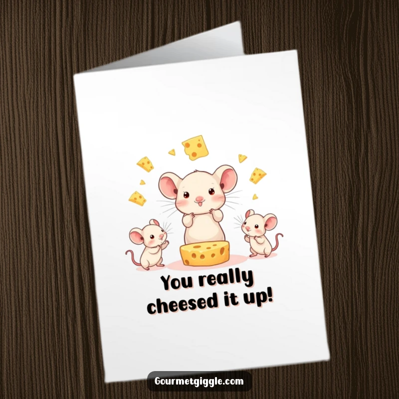 Funny Free Printable Congratulations Card: A beaming cheese character expertly juggles three tiny mice, celebrating success.