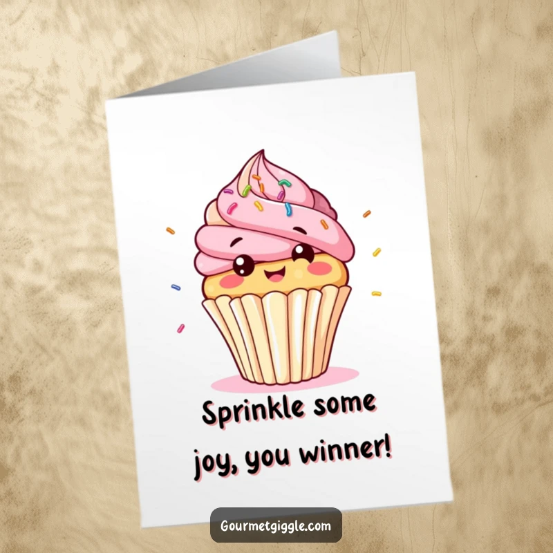 Funny Free Printable Congratulations Card: A giggling cupcake character bobbing with bouncing sprinkles.